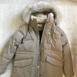 MICHAEL Michael Kors Tan Puffer Winter Coat, Faux fur trim  hood, Size L